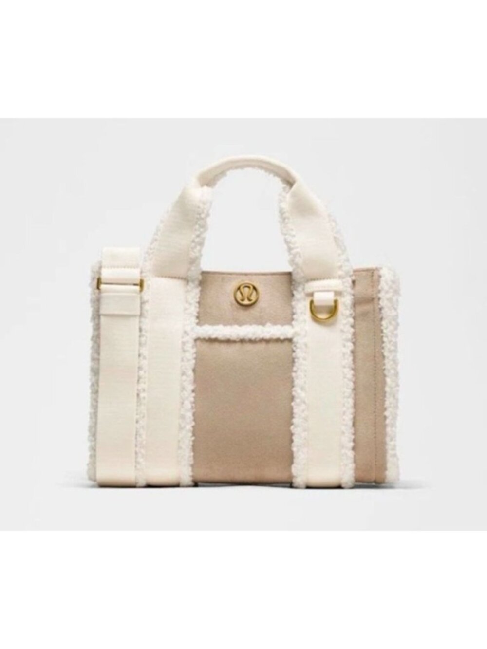 Lululemon Boxy Tote Faux Shearling Trim Taupe & White Vegan Suede Gold Accents